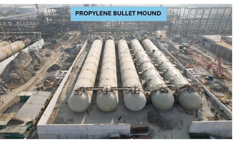 Completed mounded LPG storage vessel with embankment and access stairways